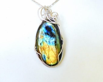 Large Labradorite cabochon Sterling silver wire wrapped pendant 40 mm
