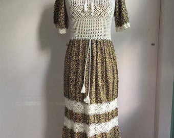 1970's Crochet and Floral Maxi Dress