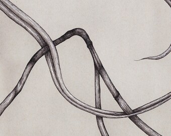 Abstract mammoth elephant art print. Black and white ink drawing on gray paper print.