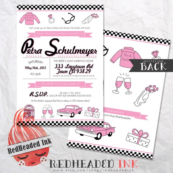 50s theme grease pink ladies bridal shower invitation grease themed flyers