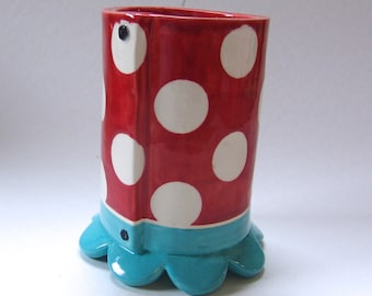 retro pottery Utensil Holder or pencil cup, bright Red & Turquoise / home office desk kitchen storage solution whimsical Vase