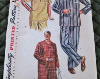 Vintage 1950's Mens Pajamas Night Shirt Sewing Pattern Simplicity 4108 Size Medium