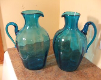 Pair of Vintage 1960s Mid-Century Modern Blenko Turquoise #6415 Optic Swirl Jugs by Joel Myers