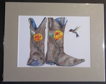 Boots and Humming Bird, 11x14 matted print by June Jurcak