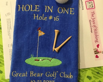 Hole in One, Personalized , Custom, Embroidered Hole in One Golf Towel, Commemorative Golf Towel