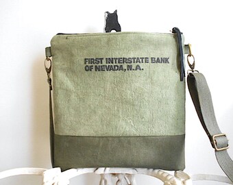 Military canvas & bank sack crossbod, iPad bag - hand dyed olive green - eco vintage fabr
