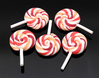 5 Pcs Rainbow Swirl Lollipop Clay Cabochons Flatback Cabochons 44x29mm #03