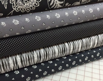 5 Black White Gray Calais Quilt Fabric Fat Quarters by Timeless Treasures