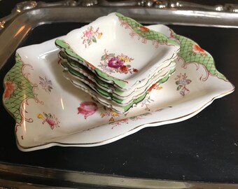 Green and pink floral serving set