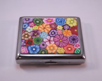 Handcrafted Polymer Clay Embellished Colorful Millefiori Metal Wallet, Cigarette Case