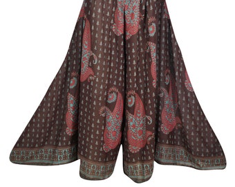 Cocoa Brown Vintage Silk Sari Maxi Skirt Printed Smocked High Waist Summer Divided Long Skirts