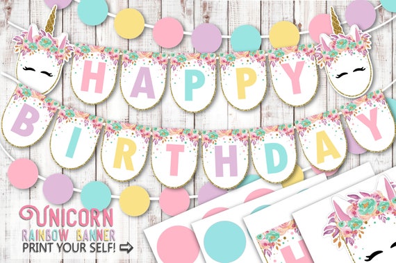 printable rainbow unicorn happy birthday banner unicorn print