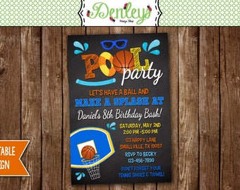 Basketball Pool Party Birthday Invitation, Basketball Swimming Invitation, Pool Party, Sports Pool Invite (PO06)