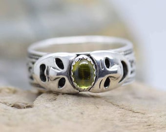 Green Peridot Sterling Silver Drama Masks Gemstone band Ring " theater comedy tragedy " Handmade for you