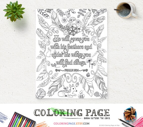 Coloring Page Printable Feather Bible Verse Psalm 91 Instant