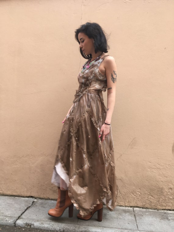Faded Brown color LOLA DARLING Long Dress Chiffon Hand Painted Embroidery Chains and Corals Sartorial Care Hand made in Italy One of a Kind