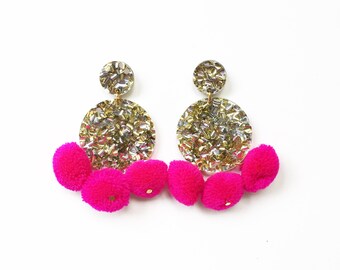 POM POM disk earrings. Gold and silver glitter acrylic, dark pink pom poms.