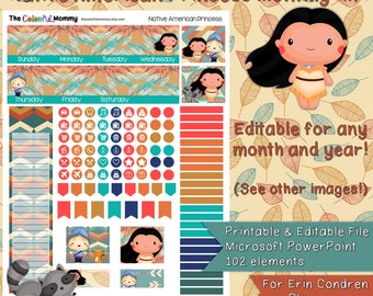 Native American Princess EDITABLE Monthly Planner Sticker Kit | use with Erin Condren Planner | ECLP | Printables | Pocahontas | PowerPoint