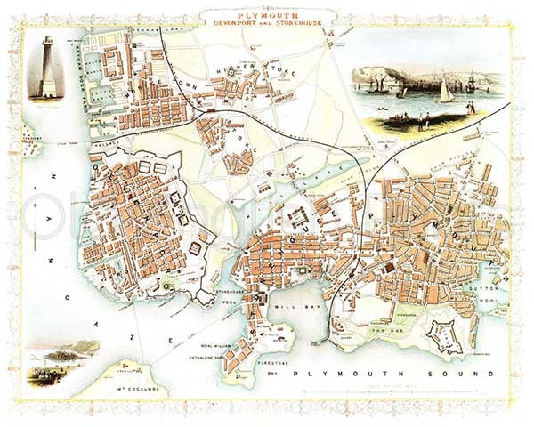 plymouth 1851 antique english town map of plymouth devonport and stonehouse 8 x 10 ins print free pp uk
