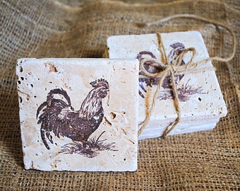 Country Rooster Coaster, Rooster Coasters, Tile Coaster, Black Friday Sale, White Elephant Gift, Set of 4 Stone Coasters, Chicken Coasters