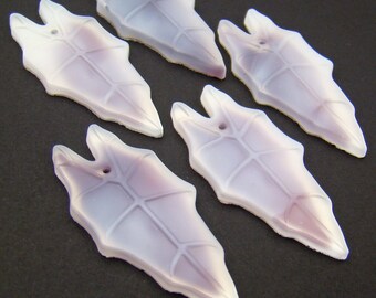 Glass philodendron leaf beads, purple white long offset vintage repro German 39 mm, 5 pcs