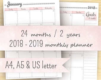 Printable Planner Calendar, 2018- 2019 Planner Inserts (2 year calendar): A5, A4 & 8.5 x 11 (letter size) << Instant Download >>
