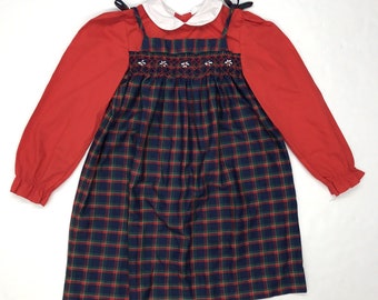 Vintage 70s Polly Flinders Red Navy Blue Plaid Attached Pinafore Long Sleeve Smocked Dress