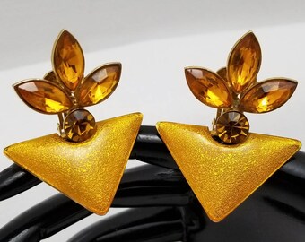 Yellow Enamel And Topaz Rhinestone Earrings