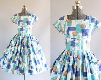 Vintage 1950s Dress / 50s Cotton Dress / Carnegie Turquoise and Blue Brushstroke Print Dress w/ Shelf Bust M/L