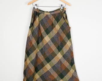 70s Wool Skirt, Vintage clothing, 70s Clothing, Wool Plaid Skirt, Midi Skirt 27, High Waisted Skirt, Vintage Clothes Retro Skirt Brown