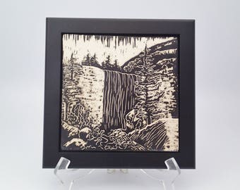 Ceramic Wall Art, Waterfall Art, Framed Ceramic Tile, Art Tile, Wall Tile, Black and White Sgraffito Tile, Carved Tile, Nature Lover Gift