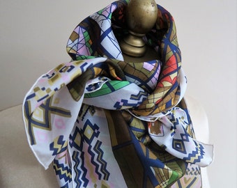 SILK scarf SQUARE, stained glass, hand rolled, ladies headscarf, silk hair wrap, turban, choker scarf, fashion scarf, 34 inch, carre