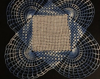 Vintage Hand Crocheted Blue and White Doily, Circa 1947