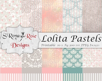 Lolita Pastels, Digital Paper, DIY kit, Lolita Paper, Digital Stationary, Crafting Supplies, Scrapbooking paper, A4 JPEG Images