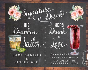 PRINTABLE Signature Drinks sign, Wedding Bar Menu, Bar sign, Signature Cocktails, His and Hers drink sign, Drunk in Love, blush roses, pink