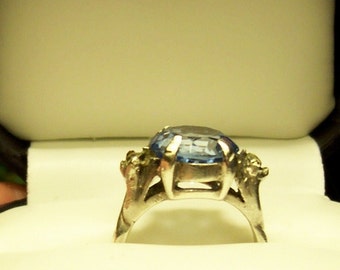Antique sterling ring with large blue colored stone Signed Ciner