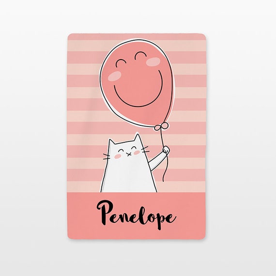 Balloon Cat Personalized Baby Blanket Custom Name Baby Girl Throw Plush Minky Soft Fleece Kids New Baby Gift Idea Unique Cute Peach Coral