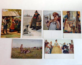 Lot of 6 Vintage to Antique Russian Souvenir Postcards of Famous Russian Paintings - 3 of Them Are Ostrowski - Color Lithograph - Unposted