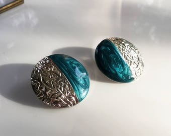 Teal Earrings Stud, Teal Enamel Earrings, Vintage Enamel Earrings, Teal and Silver Earrings, Silver and Teal Earrings, Enamel Post Earrings