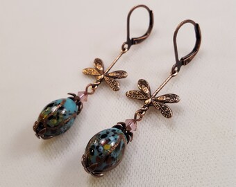 Handmade Dragonfly Earrings, Vintage Earrings, Blue Egg Dangle Earrings, Copper Earrings, Statement Earrings, Gift for mom,Statement Jewelry