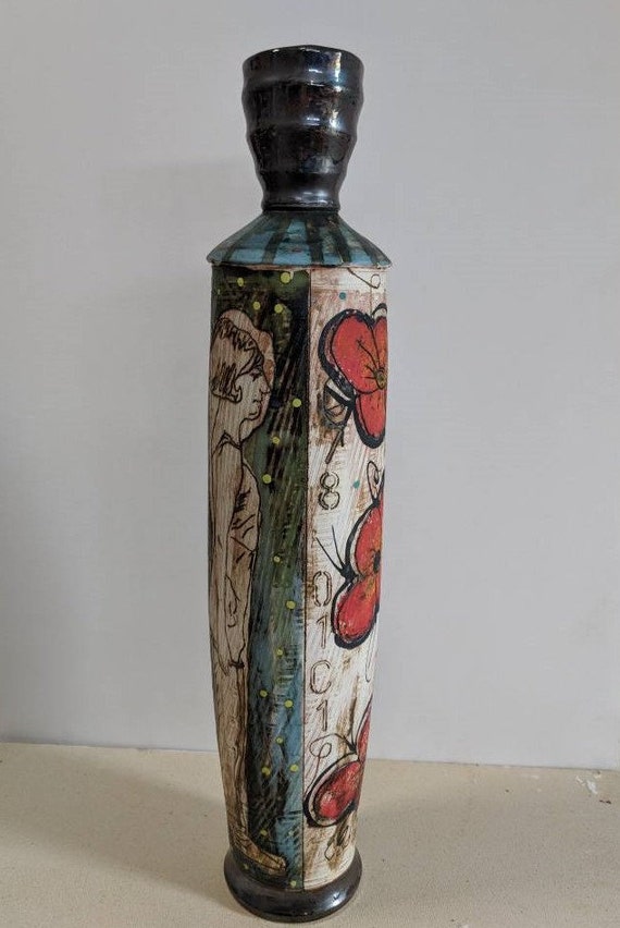 Handmade Ceramic Tall Vase with Athlete and Pansy's