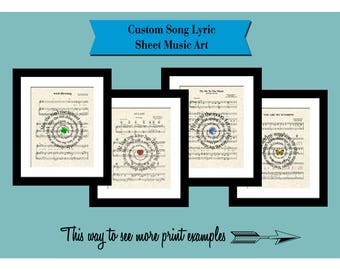 Custom Sheet Music Song Lyric Art Prints, Spiral Lyric Art, Custom Wedding Gift, Custom Anniversary Gift, First Dance, Names & Date