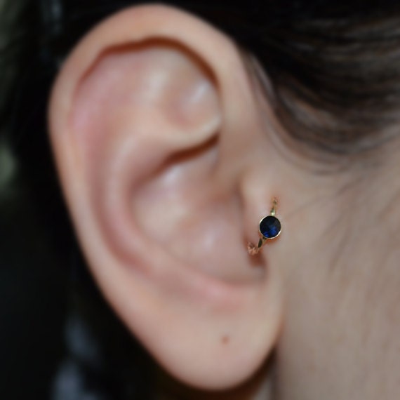 Tragus Earring - Gold Nose Hoop - Helix Earring - Rook Earring - 3mm Sapphire Tragus Jewelry 16g - Cartilage Piercing - Nose Ring