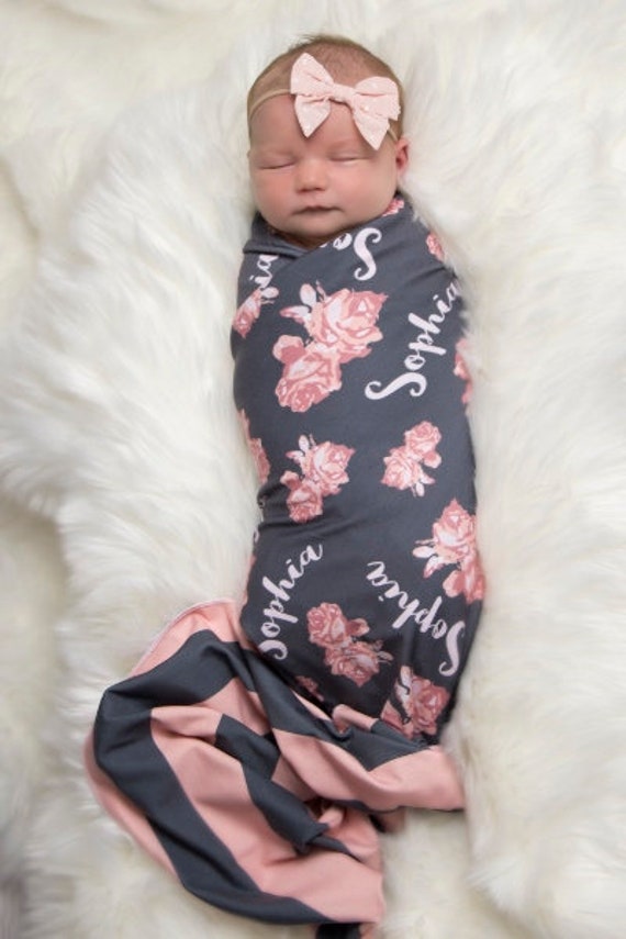 Personalized Swaddle Blanket Vintage Floral Design Baby