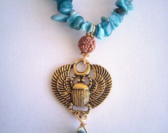 Apatite blue scarab necklace Egyptian rudhrashka