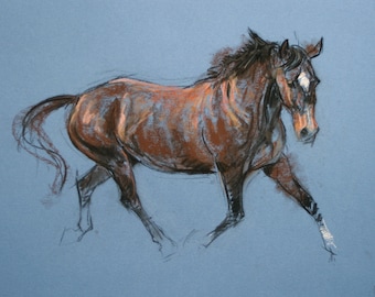 SALE Original horse art equine art energy and movement equine horse soft pastel movement art drawing 'Trot II' by H Irvine