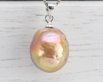 13mm natural golden color unique pendant necklace,large baroque pearl necklace,similar kasumi pearl,unique pearl necklace gift,ONLY ONE