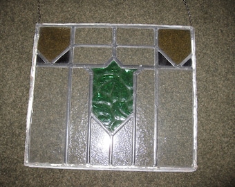 ANTIQUE STAINED GLASS Panel Leaded Glass 17" x 15" Panel Removed From Antique Window Green Shield In Midle Amber Glass Upper Corners