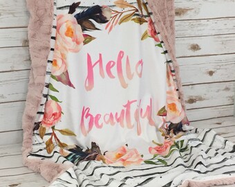 Boho Baby Blanket - Hello Beautiful Blanket - Lovey - Minky - Baby Gift - Wreath Blanket - Baby Blanket - Blanket - Minky Blanket