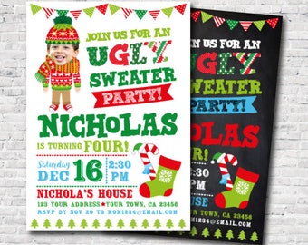 Personalized Ugly Sweater Party Invitation with picture, Christmas Birthday Invitation, Digital Invite, 2 options